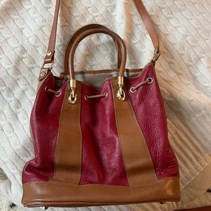 Valentina Italy leather bucket bag, tan with burgundy stripes